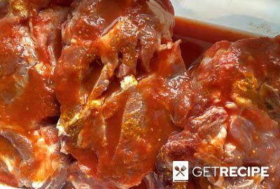Свиная шейка, тушенная в томатном соке с куркумой и мандаринами (2-й рецепт)
