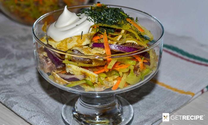 Салат из зеленой редьки с мясом и яичными блинчиками (2-й рецепт)