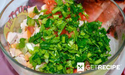 Мясной салат из свинины, копченой курицы и овощей (2-й рецепт)
