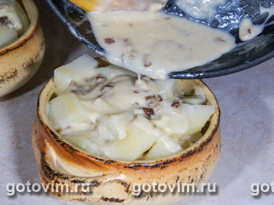 Картофель с сыром бри и грибами, запеченный в горшочках