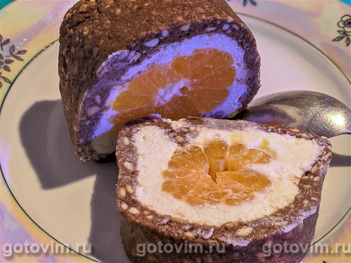 Рулет из печенья с мандаринами и творожным кремом (без выпечки) (2-й рецепт)