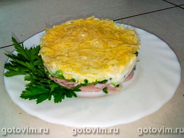 Слоеный салат из ветчины со свежим огурцом и сыром